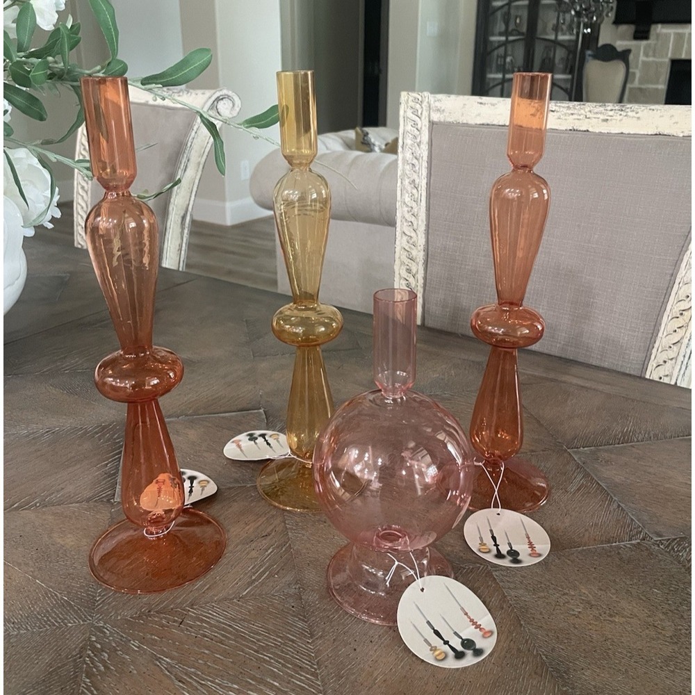 NWT Set of 4 Anthropologie Inspired Colored  Bubble Art Glass Taper Candlesticks